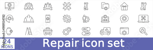  Repair icon set. Containing fix, toolbox, repairman, recovery, setting, restoration, car service, construction, maintenance and more. Editable line icons