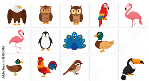 Colorful collection of cartoon bird illustrations on a white background