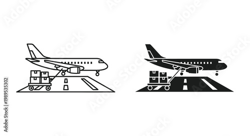 Cargo airplane icon set with luggage cart on runway, outline and solid style, white background