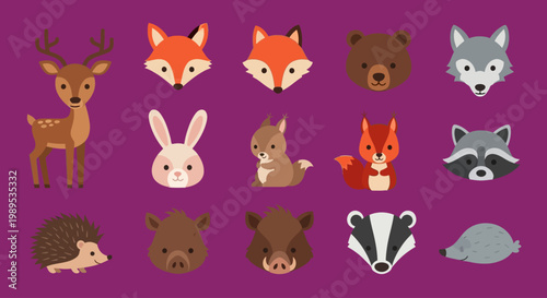 Colorful cartoon illustrations of various forest animals arranged in a grid