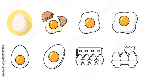 Egg Icons Set: Whole, Cracked, Fried, Boiled, and Carton