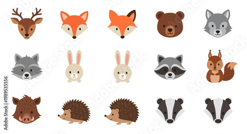 Cartoon animal heads deer fox bear rabbit and other wildlife