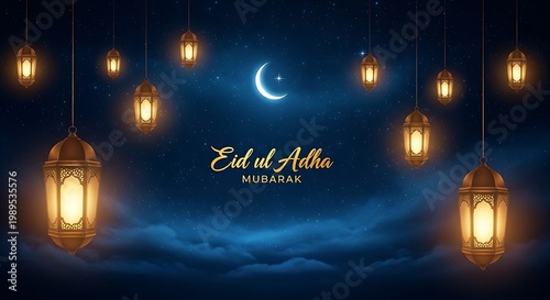 Eid ul Adha Mubarak lanterns in night sky with crescent moon