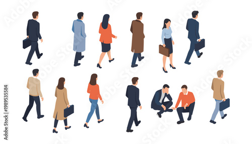 A varied group of isometric business people engaged in walking, talking, and working activities.