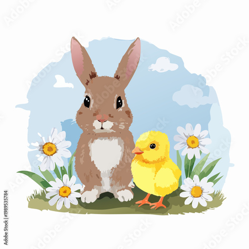 Frühling – Babyhase & Küken im Blumenfeld