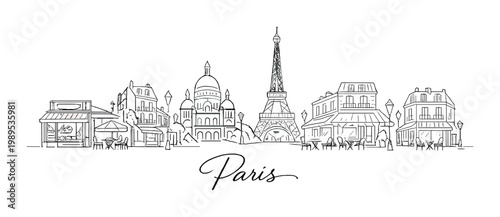 Paris skyline line art with eiffel tower sacre coeur basilica cafes and street terraces background for design poster banner and romantic travel concept