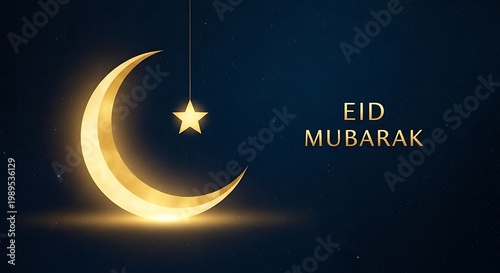 Eid Mubarak crescent moon with glowing star on dark blue night sky background