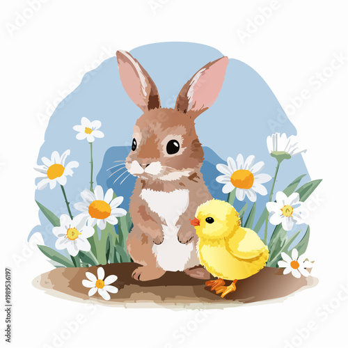 Frühling – Babyhase & Küken im Blumenfeld