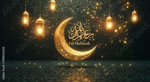 golden crescent moon with arabic eid mubarak greeting in warm lantern light