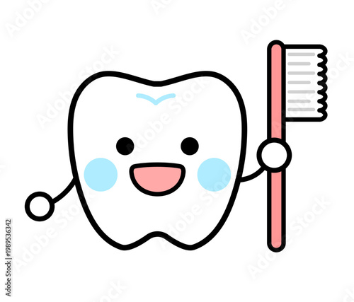 歯ブラシを持った歯のキャラクターのイラスト