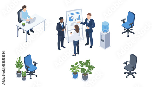 An isometric illustration depicting various office activities and furniture, including a business meeting and a lone worker at a desk.