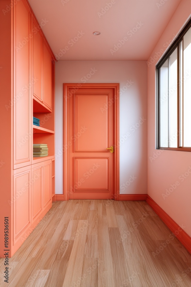 Obraz premium Coral hallway with closed paneled door and built in cabinets beside a large window featuring hardwood floor bright modern interior design