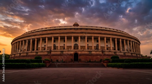 The parliament house of india in new delhi a majestic architectural landmark stands proudly against a vibrant sunset sky