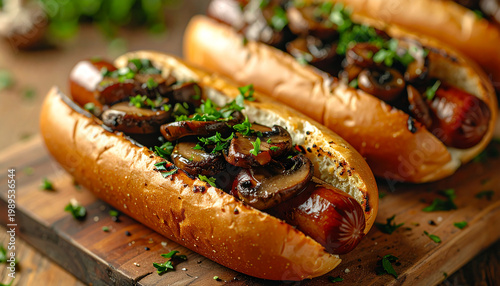 Portobello mushroom hot dogs on a wooden board, tasty vegan fast food, appetizing snack. Cooking and culinary concept.