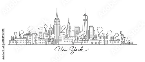 New york skyline minimalist monochrome hand drawn city skyline sketch with statue of liberty monument for design, poster, card and background