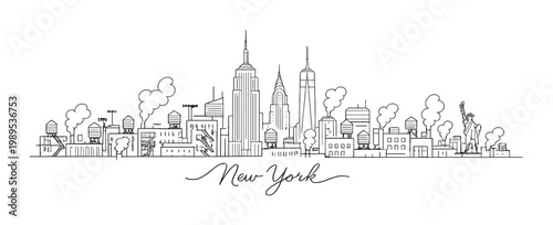 New york skyline line art cityscape with industrial rooftops and statue of liberty in monochrome for poster design background and travel card