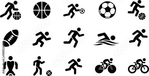 Sports icons, athletic symbols, fitness signs, 16 black pictograms
