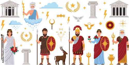 Ancient Greek Mythology Gods Vector Set Featuring Zeus, Athena, Warriors, Temples, Columns, Lightning Symbols, and Classical Mythological Characters Illustration