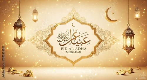 Eid al-Adha golden greeting card with lanterns and crescent moon in warm lighting