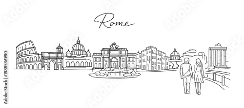 Rome romantic couple stroll skyline background for design card poster and travel layout featuring colosseum fountain and classical landmarks minimalism concept
