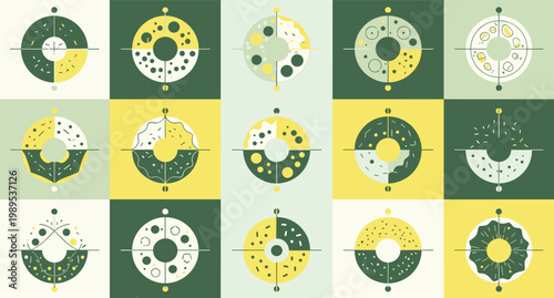 Abstract Geometric Donut Shape Pattern Set with Crosshair, Dots, and Modern Minimal Style in Green and Yellow for Graphic Designs