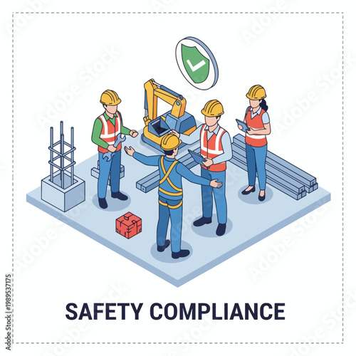 Construction workers in safety gear gather around a supervisor on a building site, discussing plans near an excavator and building materials.