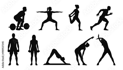 A collection of black silhouettes showing various individuals performing different fitness and exercise activities.