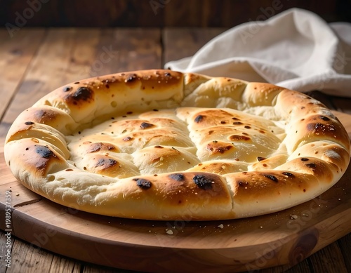 Freshly Baked Artisanal Flatbread With Puffy Golden Brown Crust And Charred Spots On A Rustic Wood Board