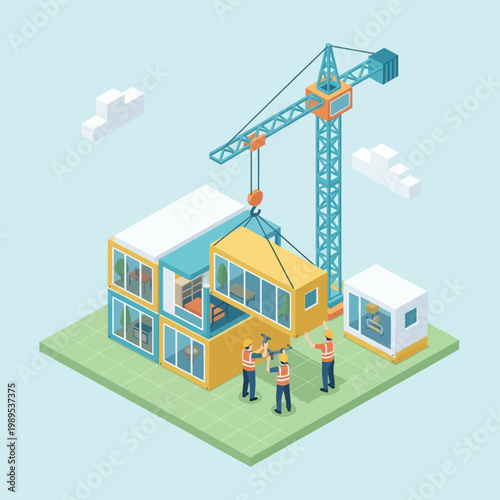 Isometric illustration of modular building construction site with crane lifting a prefabricated section and workers guiding it.