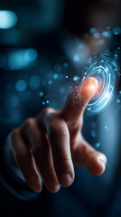 Close up of a hand pointing at a holographic interface element on a dark background with futuristic abstract technology innovation glow cool blue holographic glow defocused dark