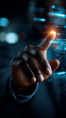Close up of a hand pointing at a holographic interface element on a dark background with futuristic abstract technology innovation glow cool blue holographic glow defocused dark