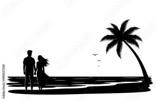 Couple on Honeymoon by the Ocean and Romantic Beach. Black Vector Silhouette of Love, Vacation and Summer Travel for Newlyweds.