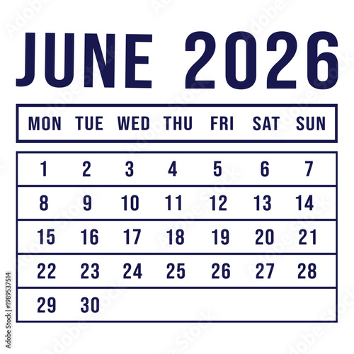 2026 June Calendar Vector – Modern Blue Grid Monthly Planner with Weekday Header, Printable Wall Calendar Template On White Backround.