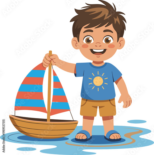A smiling cartoon boy proudly displays his miniature sailboat on a watery surface.
