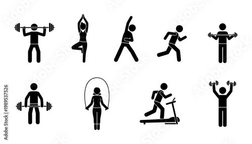 A set of eight simple stick figure icons representing various common fitness and exercise activities.