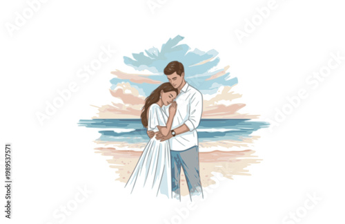 Couple on Honeymoon by the Ocean and Romantic Beach. Black Vector Silhouette of Love, Vacation and Summer Travel for Newlyweds.