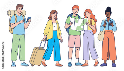 A diverse group of five happy travelers with luggage and a map planning their next adventure.