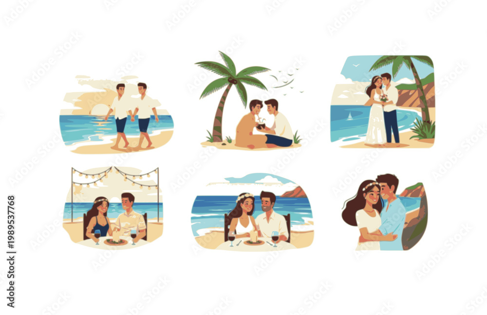 Fototapeta premium Couple on Honeymoon by the Ocean and Romantic Beach. Black Vector Silhouette of Love, Vacation and Summer Travel for Newlyweds.