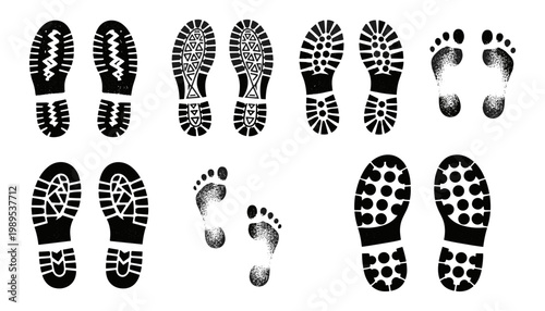A collection of various black footprints and shoe prints illustrating different human impressions on surfaces.