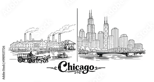 Chicago industrial waterfront and cityscape sketch in vintage retro style background for design poster and card with factory smokestacks bridges and downtown skyscrapers