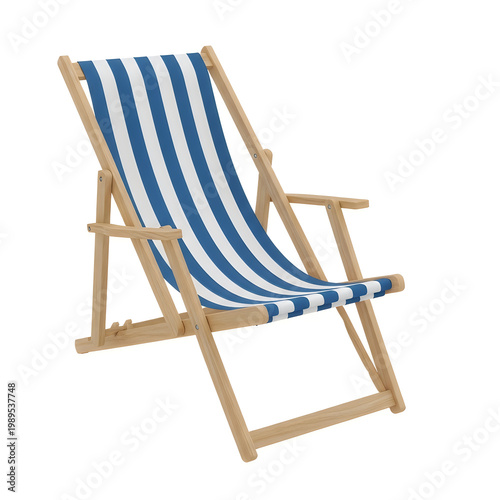 Foldable deck chair with blue and beige striped fabric and wooden frame