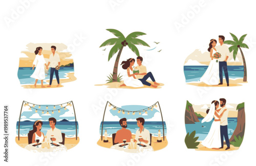 Couple on Honeymoon by the Ocean and Romantic Beach. Black Vector Silhouette of Love, Vacation and Summer Travel for Newlyweds.