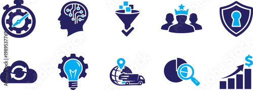 Business management and digital transformation icon set for strategy innovation tech efficiency.