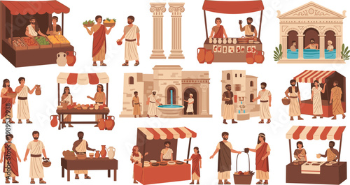 Ancient Roman Market Scene Vector Set with Merchants, Street Vendors, Food Stalls, Architecture, Columns, and Daily Life Illustration Collection
