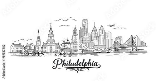 Philadelphia colonial and modern skyline cityscape sketch background for design poster and card with historic churches carriages and river bridge elements