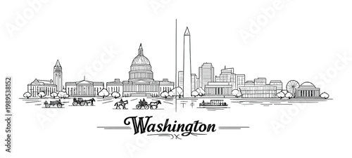 Washington city skyline sketch with capitol dome and washington monument for poster and background design and travel card layout