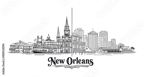 New orleans city skyline sketch with french quarter balconies and riverboat for poster and background design and travel card layout