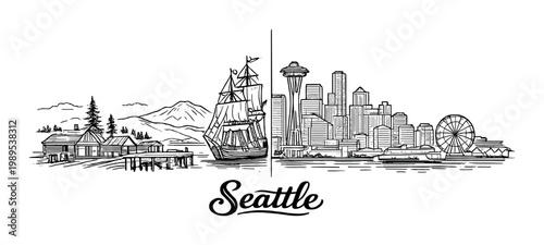 Seattle skyline sketch with space needle, waterfront ferris wheel and historic ship for poster and background design and travel card layout