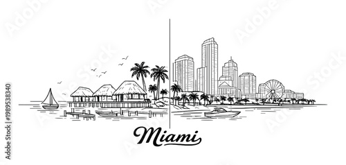 Miami city skyline sketch split composition with beachfront huts and modern skyscrapers hand drawn for travel poster banner card background design