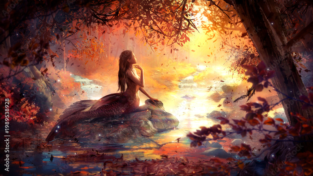 Fototapeta premium A beautiful young mermaid sings in the autumn forest, she is a long-haired girl, sitting on a stone in an elegant pose in the middle of falling leaves and a small forest river. 2d fantasy art.